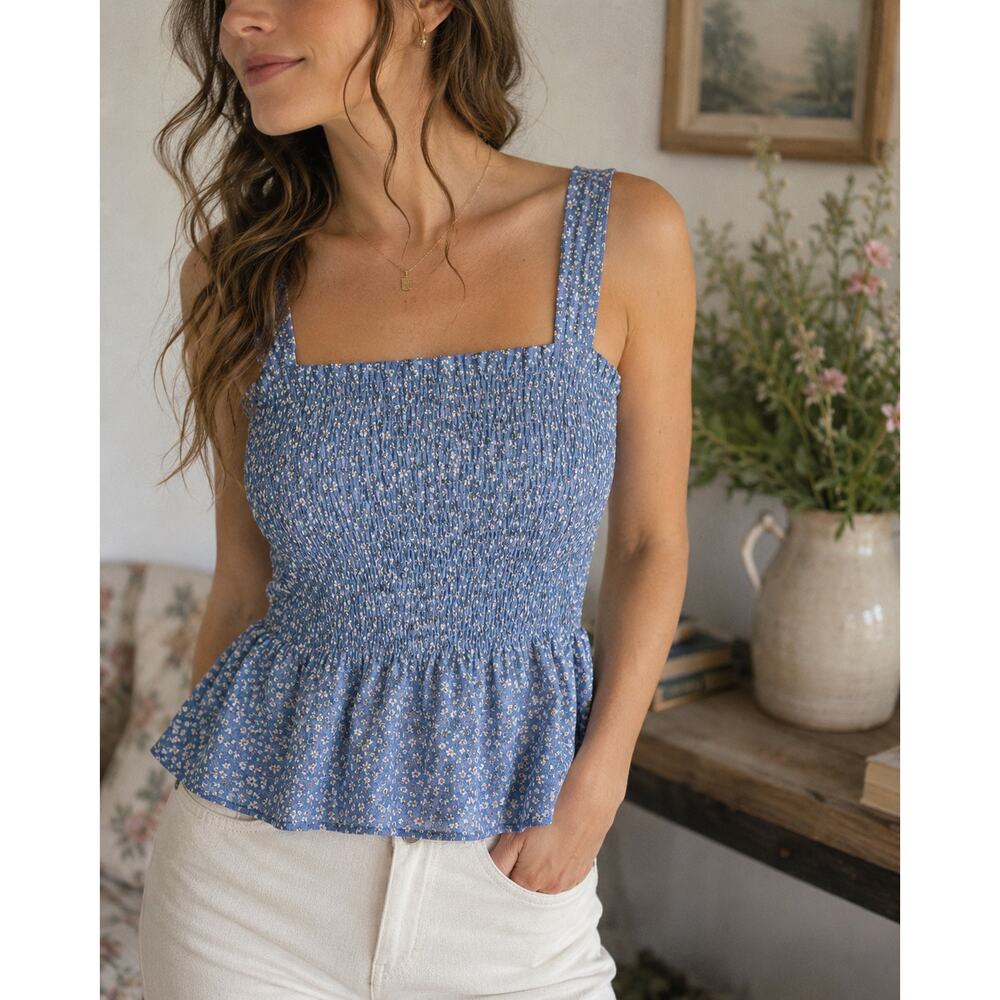 Floral Smocked Milkmaid Tank Top XL Cottagecore Coquette Cropped Romantic Y2K